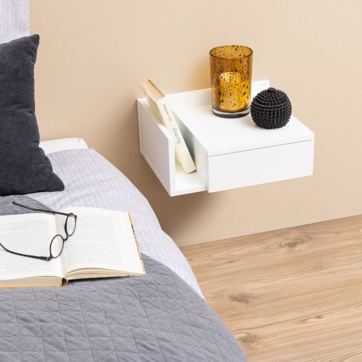 Wooden Bedside Cabinet Square Wall Hung With 1 Drawer - Ashlan