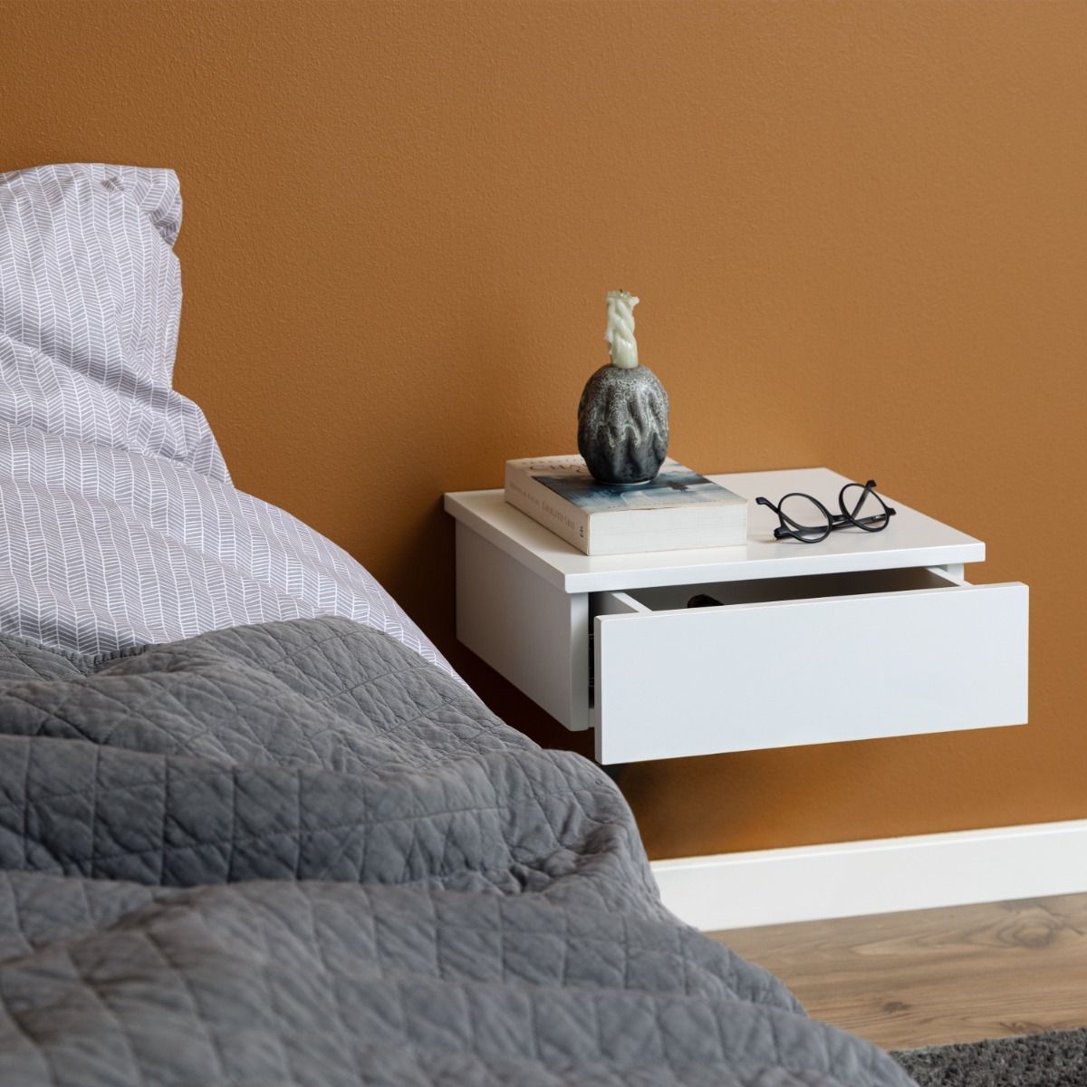 Wooden Bedside Cabinet Square Wall Hung With 1 Drawer - Avignon