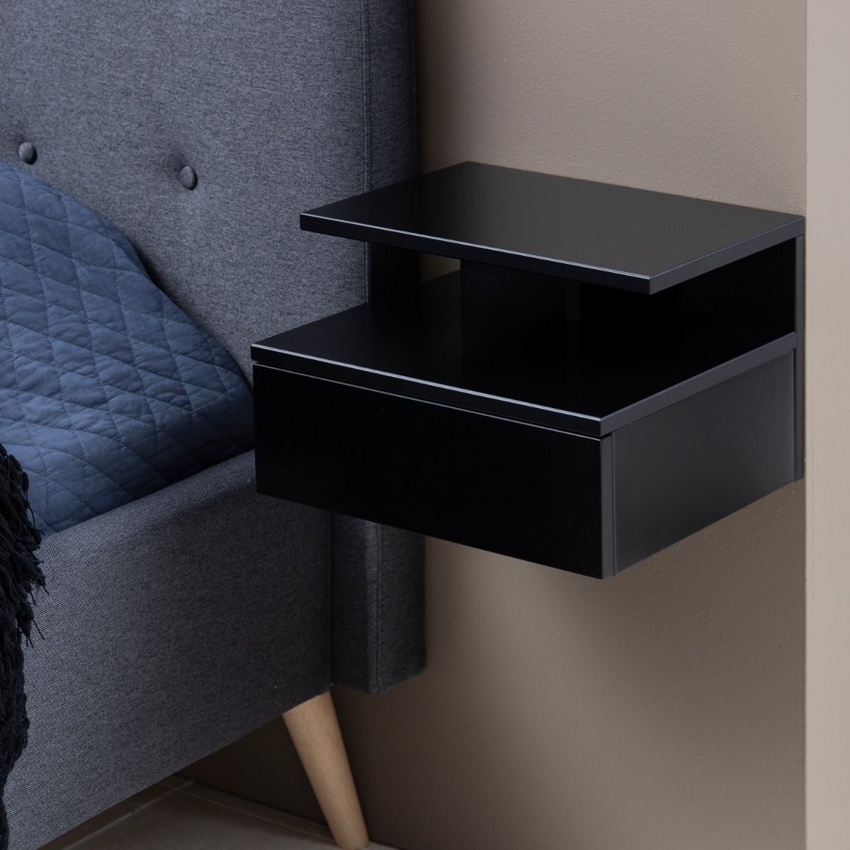 Wooden Bedside Cabinet Wall Hung With 1 Drawer - Ashlan
