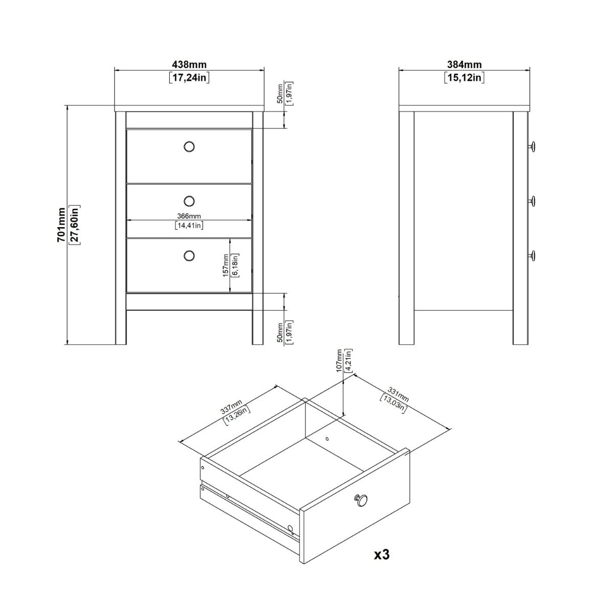 Wooden Bedside Cabinet With 3 Drawers - Barcelona