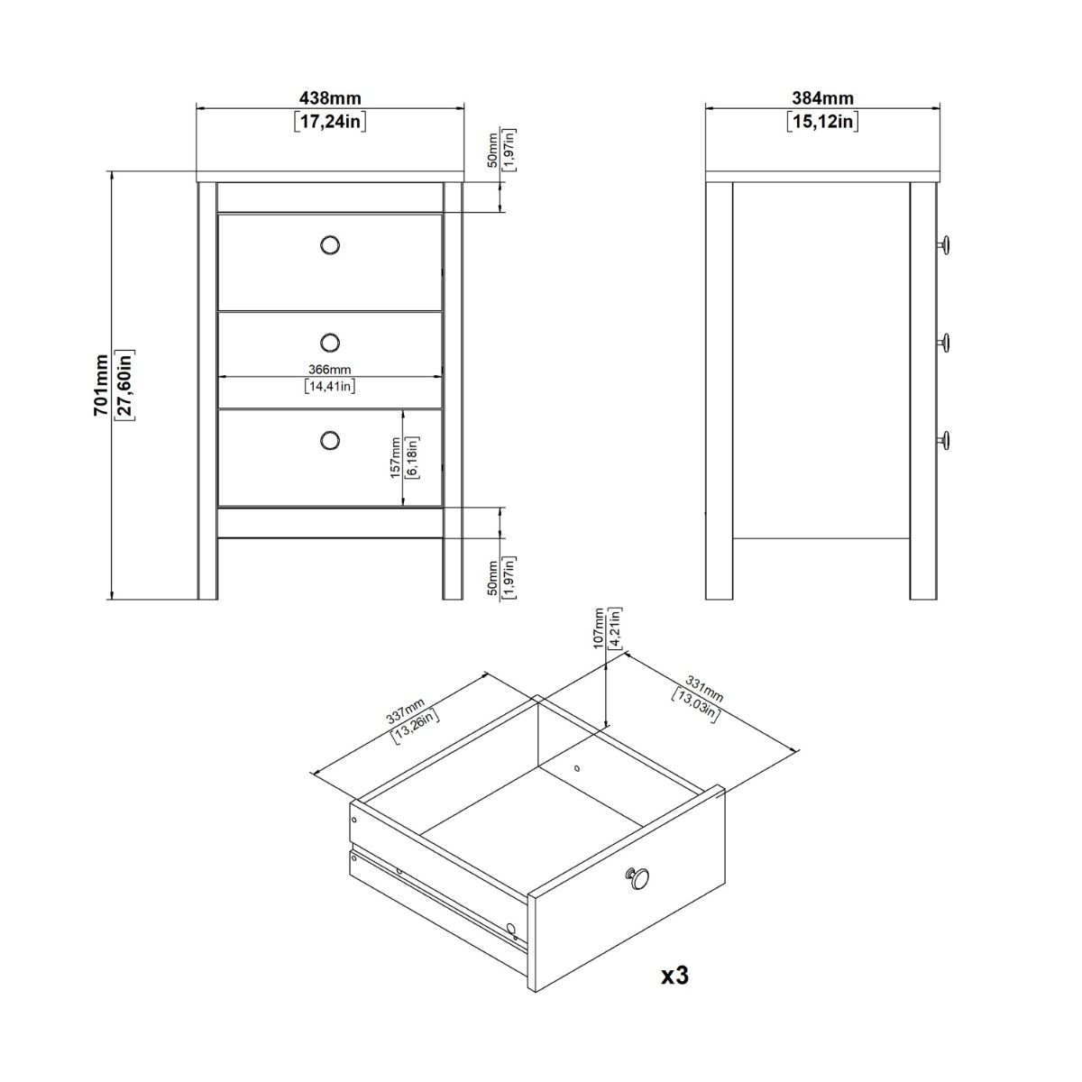 Wooden Bedside Cabinet With 3 Drawers - Barcelona