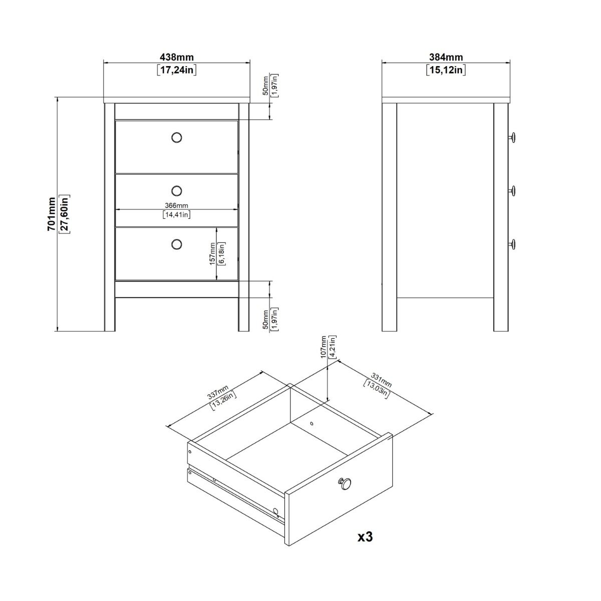 Wooden Bedside Cabinet With 3 Drawers - Barcelona
