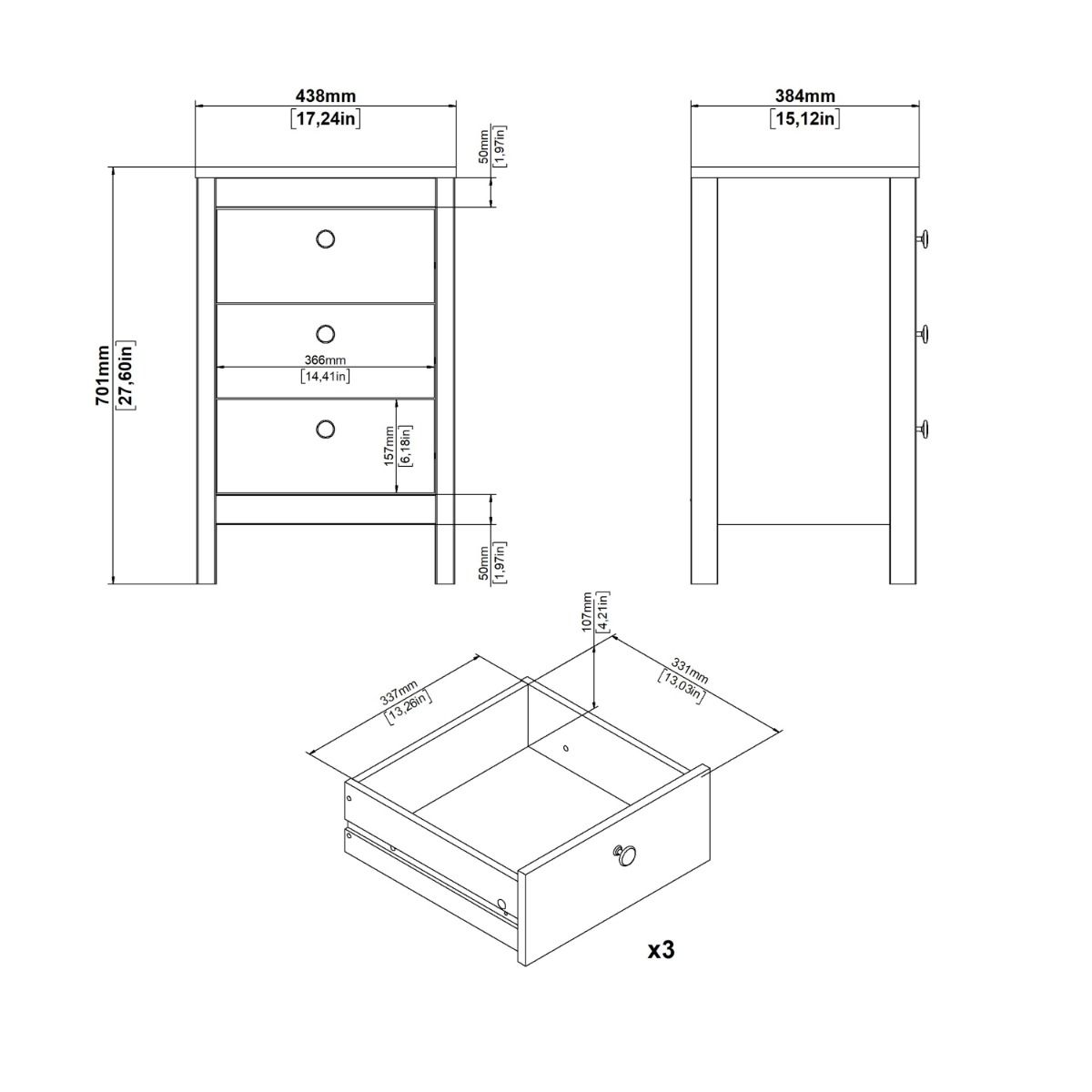 Wooden Bedside Cabinet With 3 Drawers - Barcelona