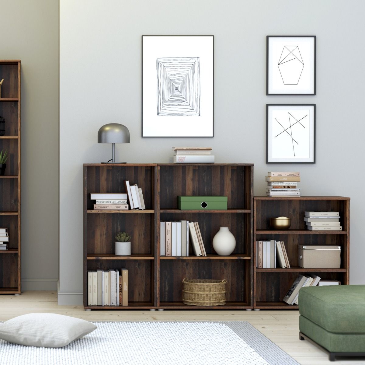 Wooden Bookcase Low And Wide With 2 Shelves - Essential