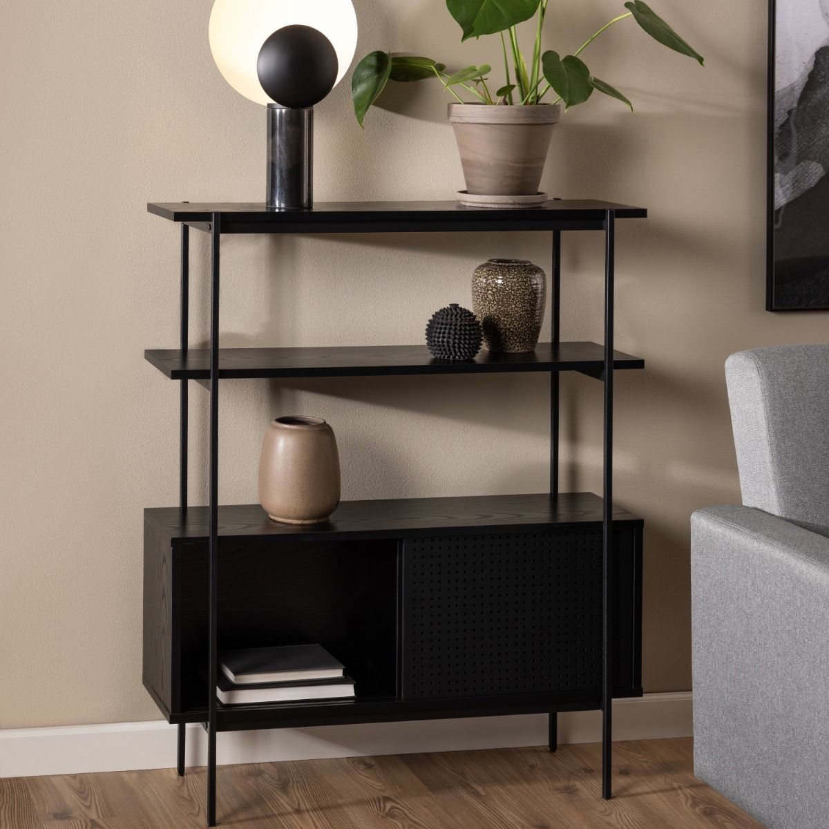 Wooden Bookcase Small With 2 Sliding Doors - Angus