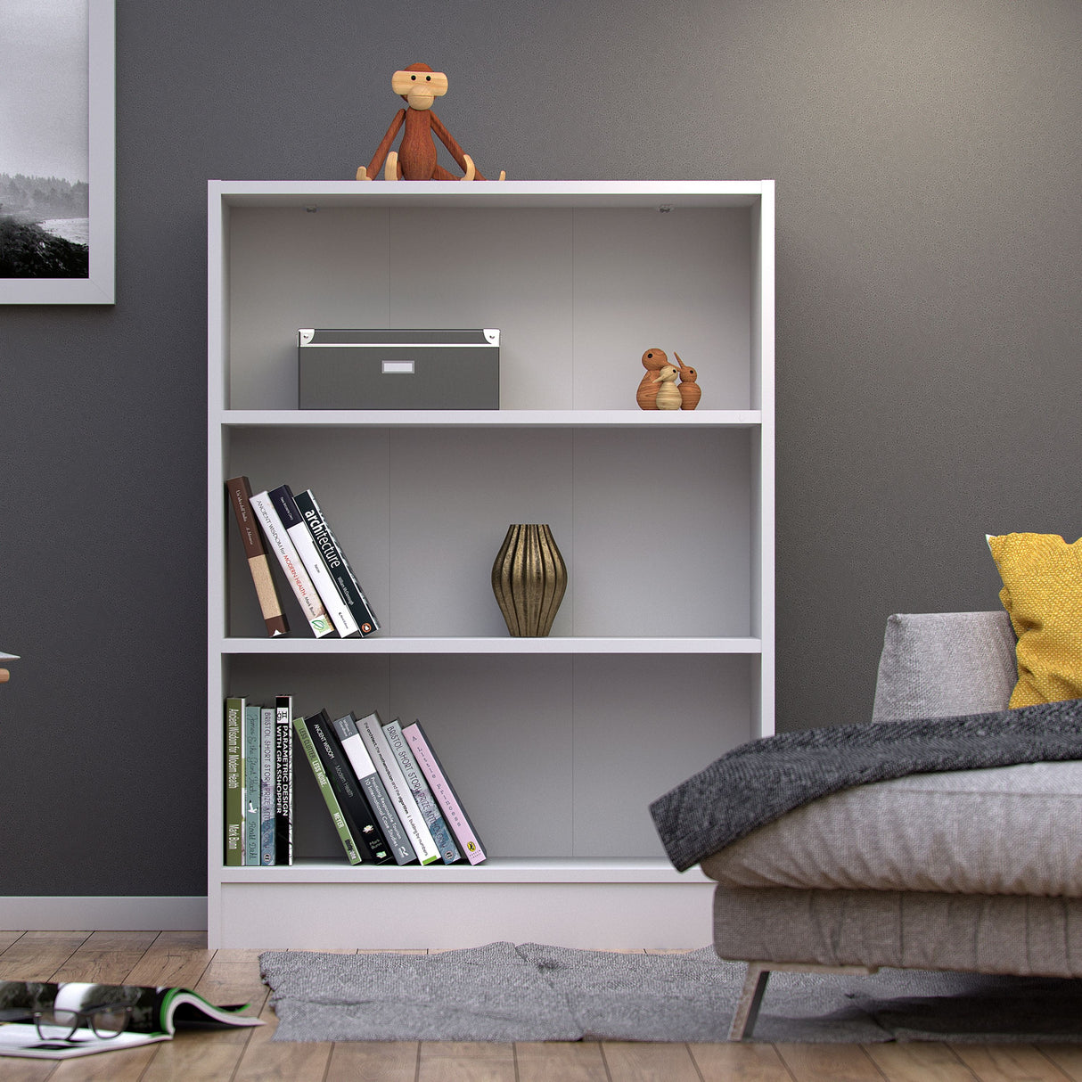 Wooden Bookcase With 2 Shelves Low And Wide - Basic