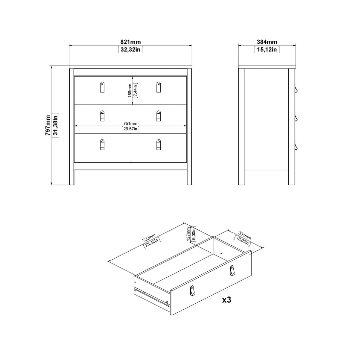 Wooden Chest Of 3 Drawers - Barcelona