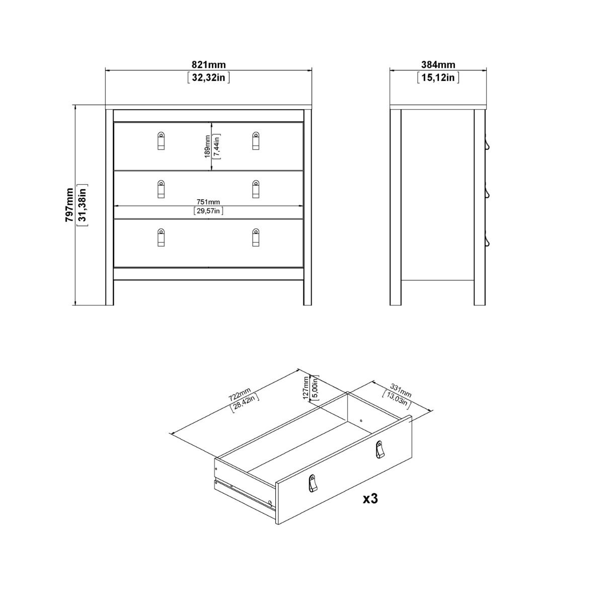 Wooden Chest Of 3 Drawers - Barcelona