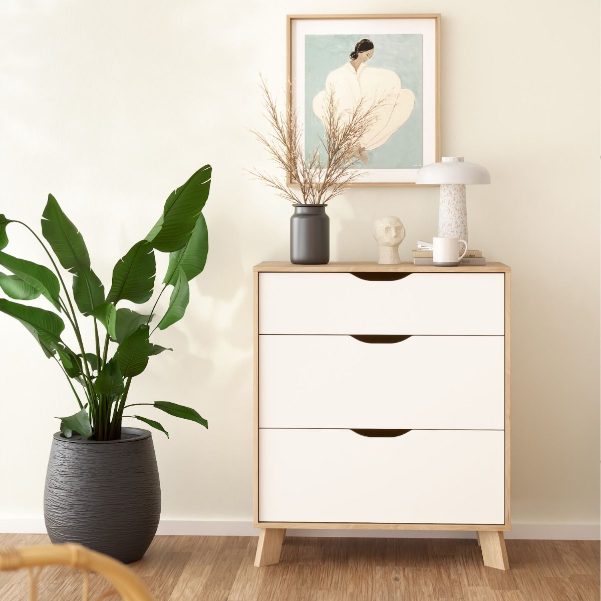 Wooden Chest Of 3 Drawers With White Fronts - Ikast