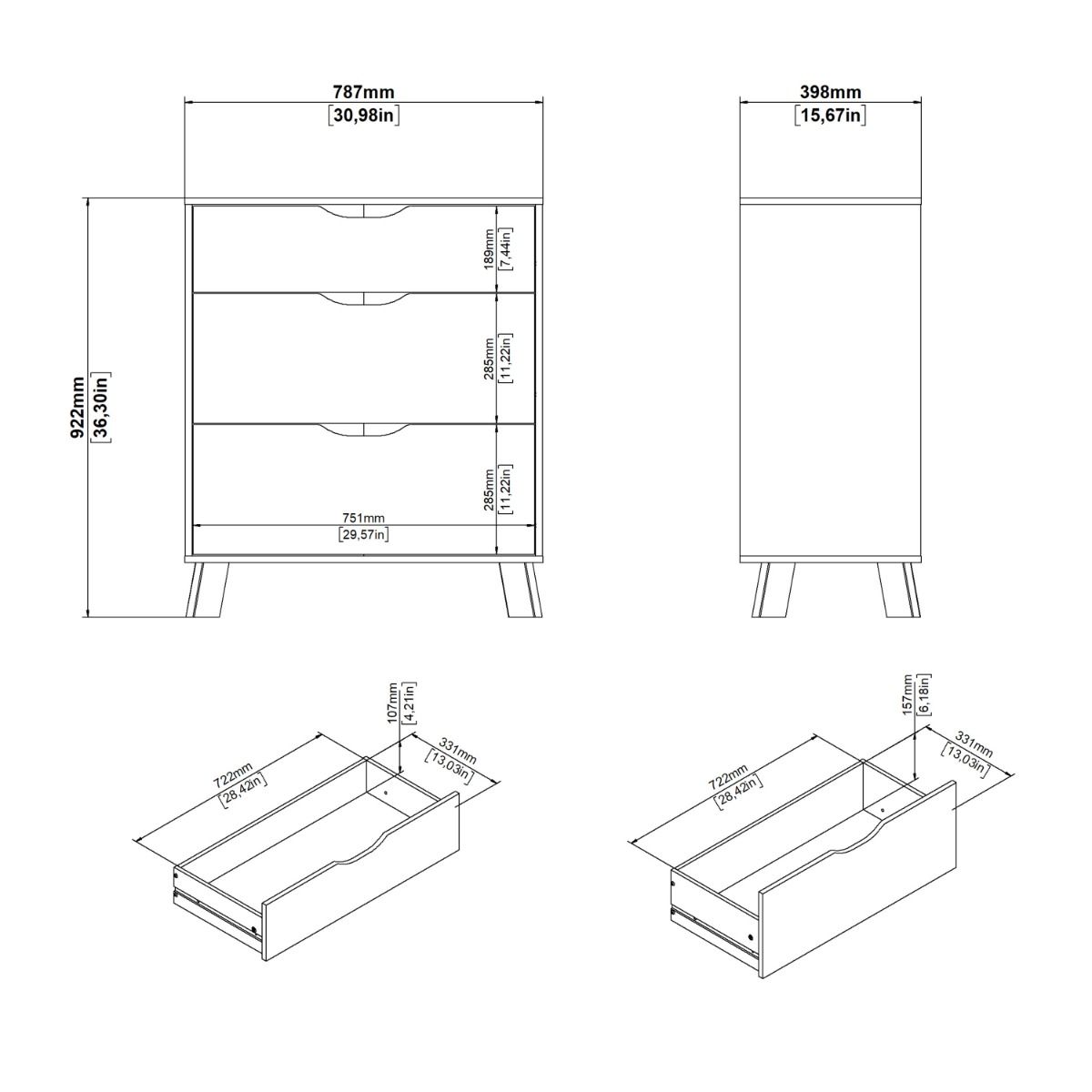 Wooden Chest Of 3 Drawers With White Fronts - Ikast