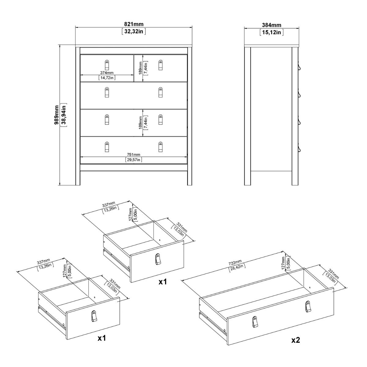 Wooden Chest Of 5 Drawers - Barcelona