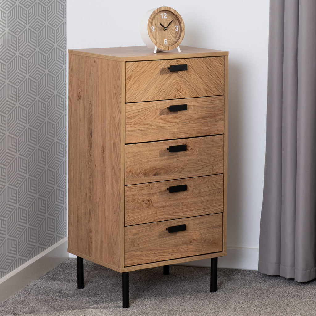 Wooden Chest Of 5 Drawers Narrow - Leon