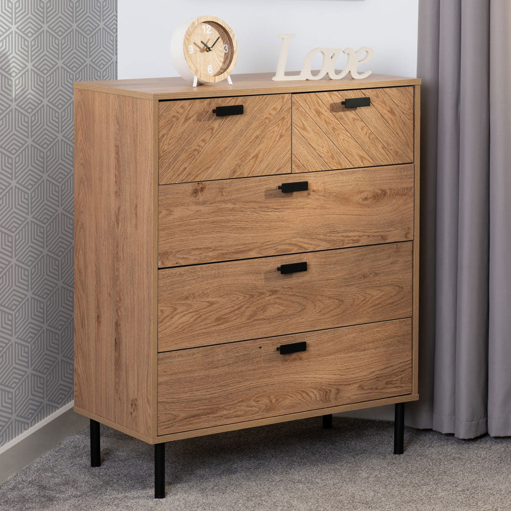 Wooden Chest Of 5 Drawers Wide - Leon