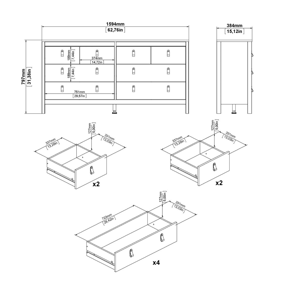Wooden Chest Of 8 Drawers Double Dresser - Barcelona
