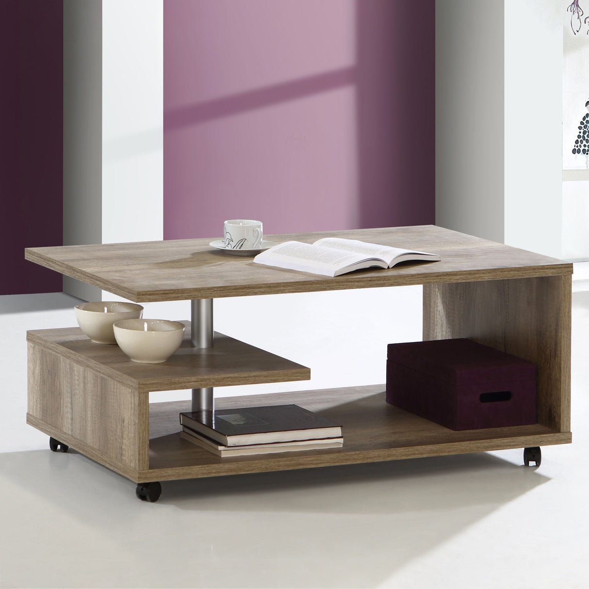 Wooden Coffee Table Rectangular With Lockable Wheels - Bailey