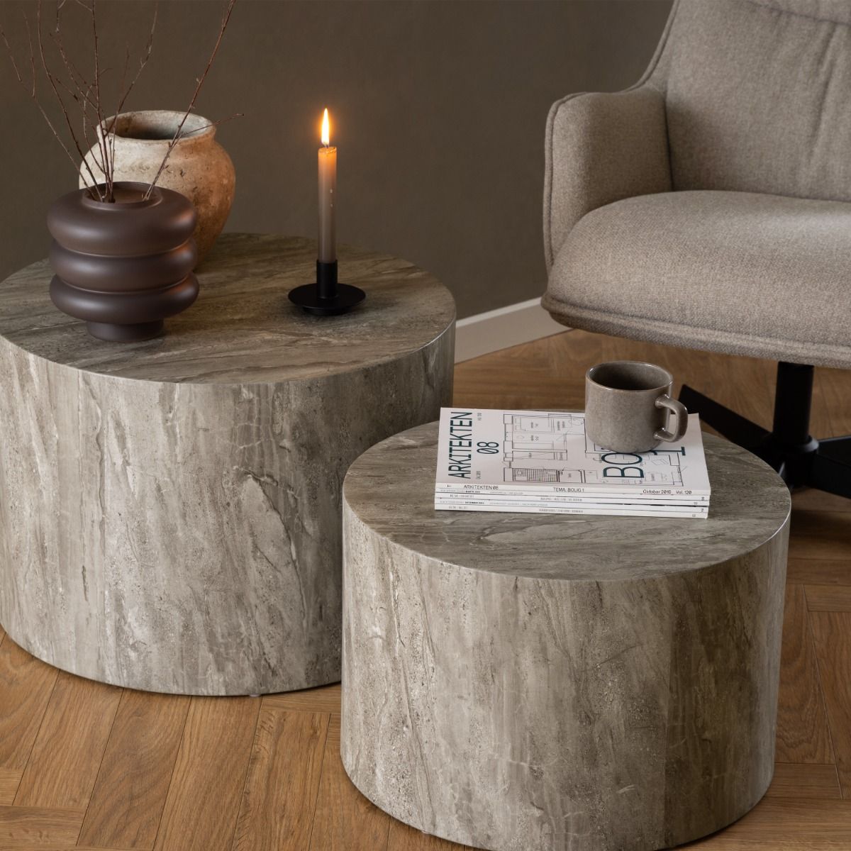 Wooden Coffee Tables in Set Of 2 Round - Dice
