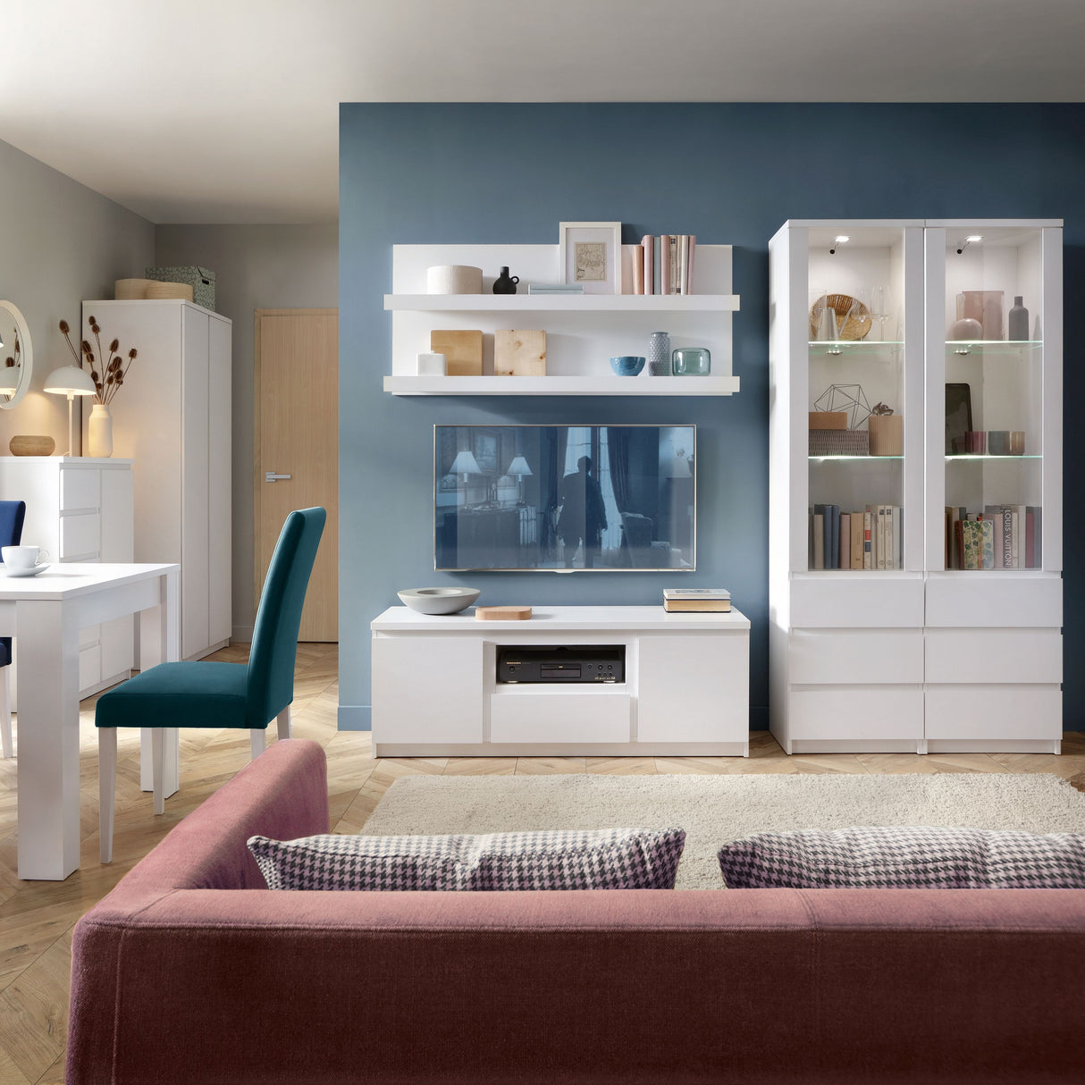 Wooden Cupboard Glazed Tall And Narrow With 1 Door And 3 Drawers - Fribo