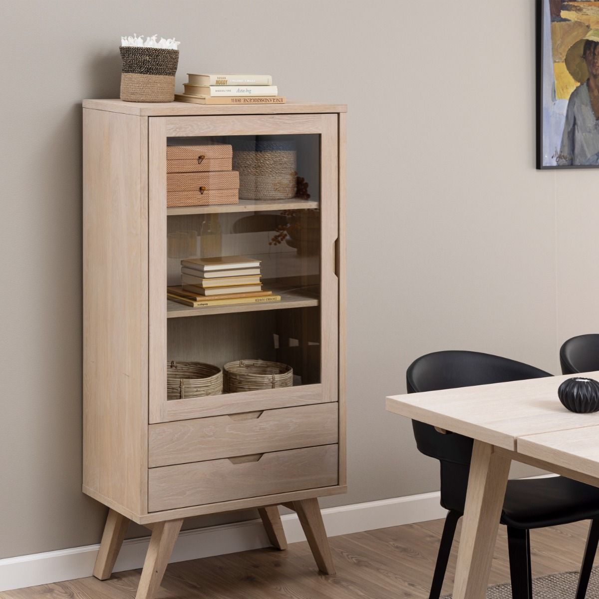 Wooden Display Cabinet With 1 Glass Door And 2 Drawers - A-Line