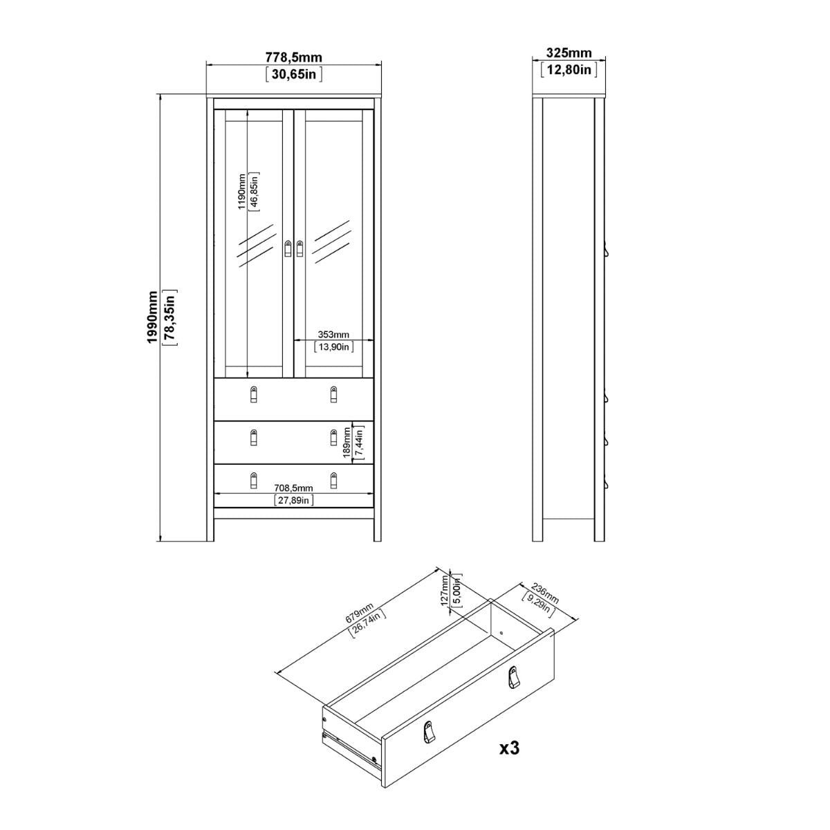 Wooden Display Cabinet With 2 Glass Doors And 3 Drawers - Barcelona