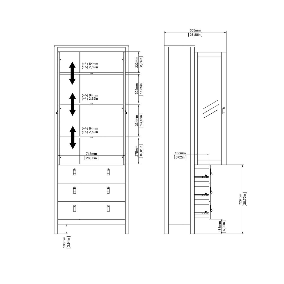 Wooden Display Cabinet With 2 Glass Doors And 3 Drawers - Barcelona