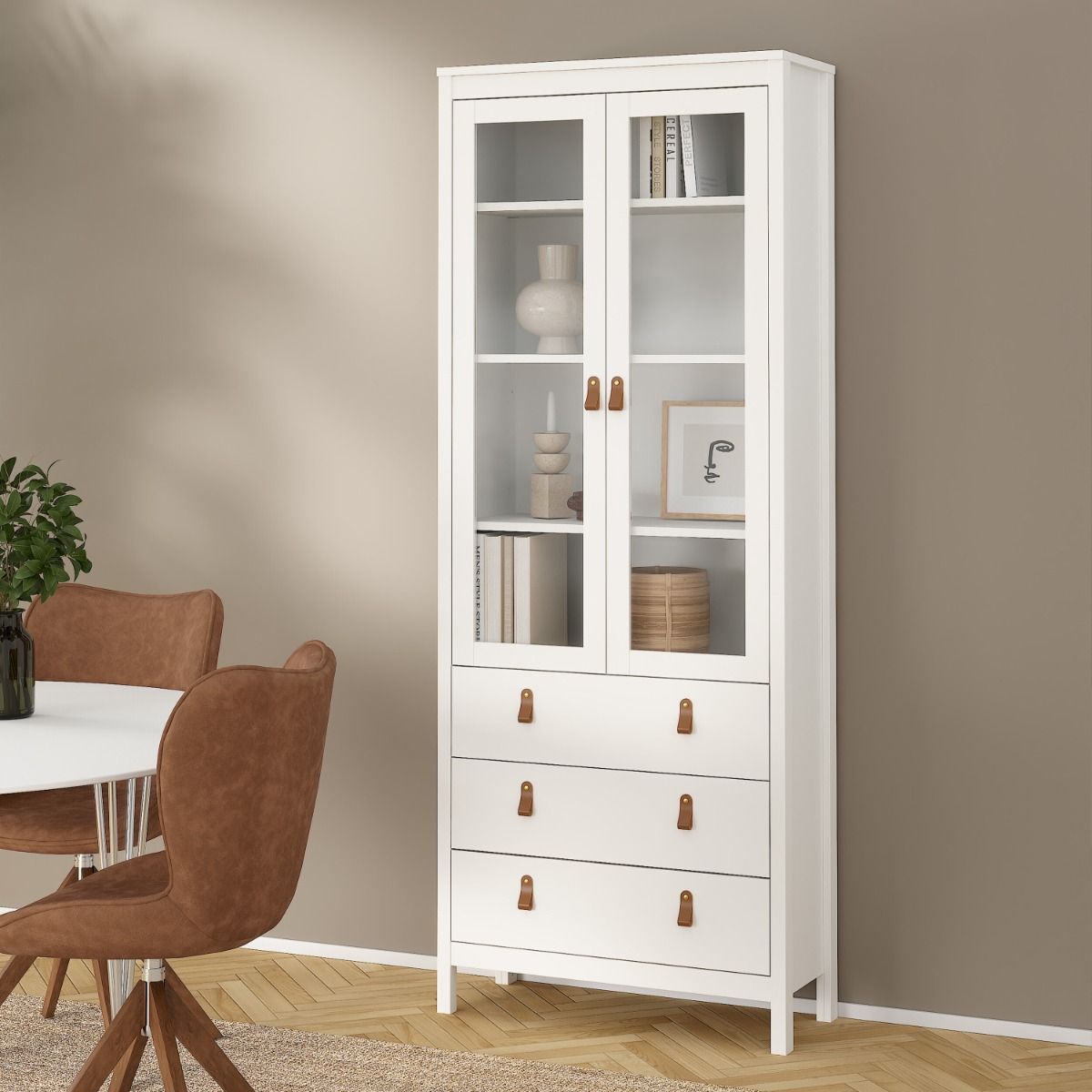 Wooden Display Cabinet With 2 Glass Doors And 3 Drawers - Barcelona