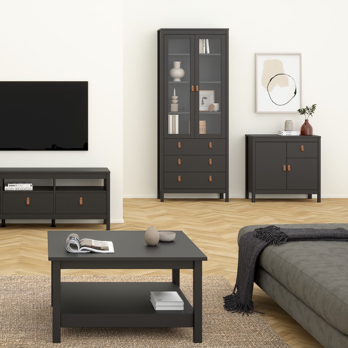 Wooden Display Cabinet With 2 Glass Doors And 3 Drawers - Barcelona