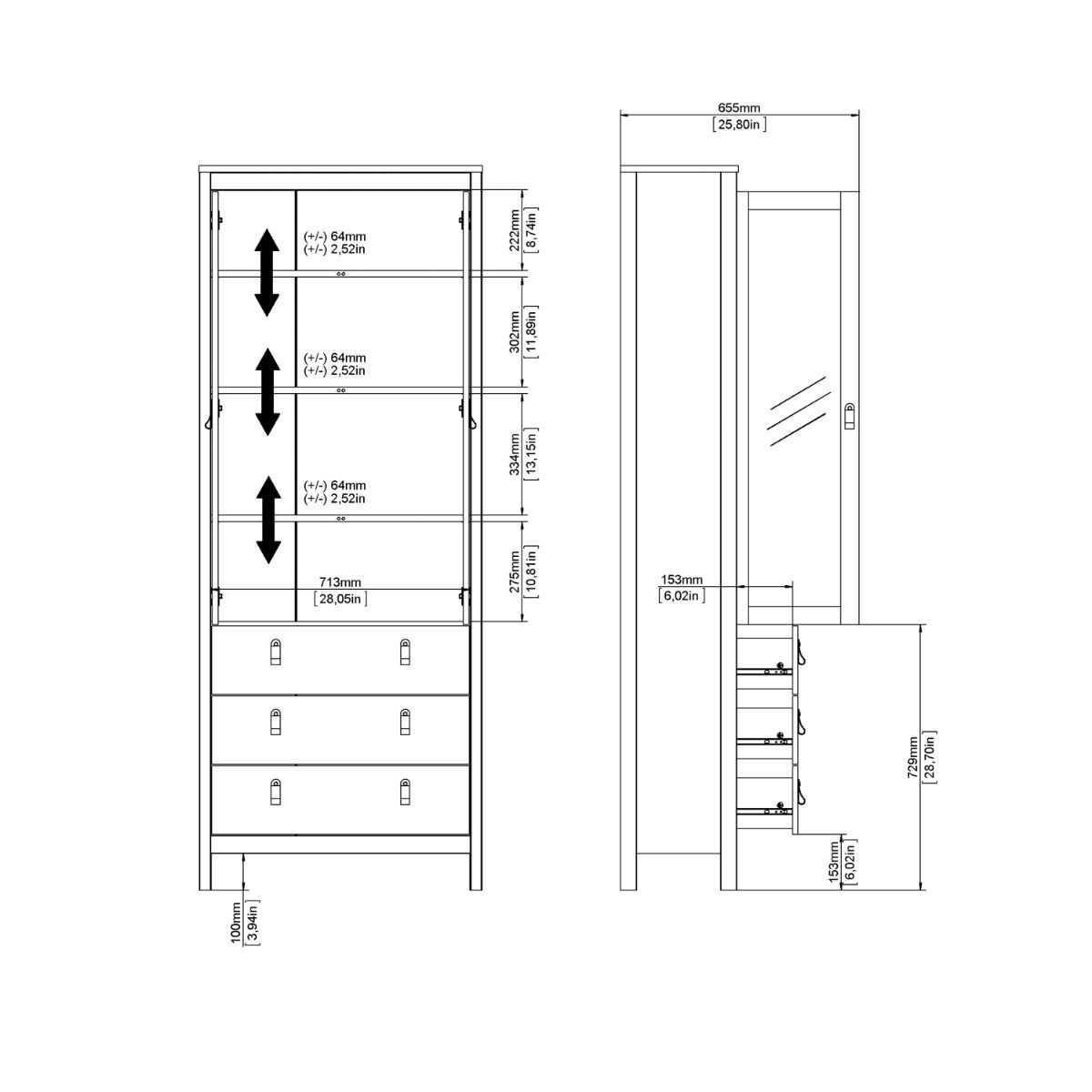 Wooden Display Cabinet With 2 Glass Doors And 3 Drawers - Barcelona