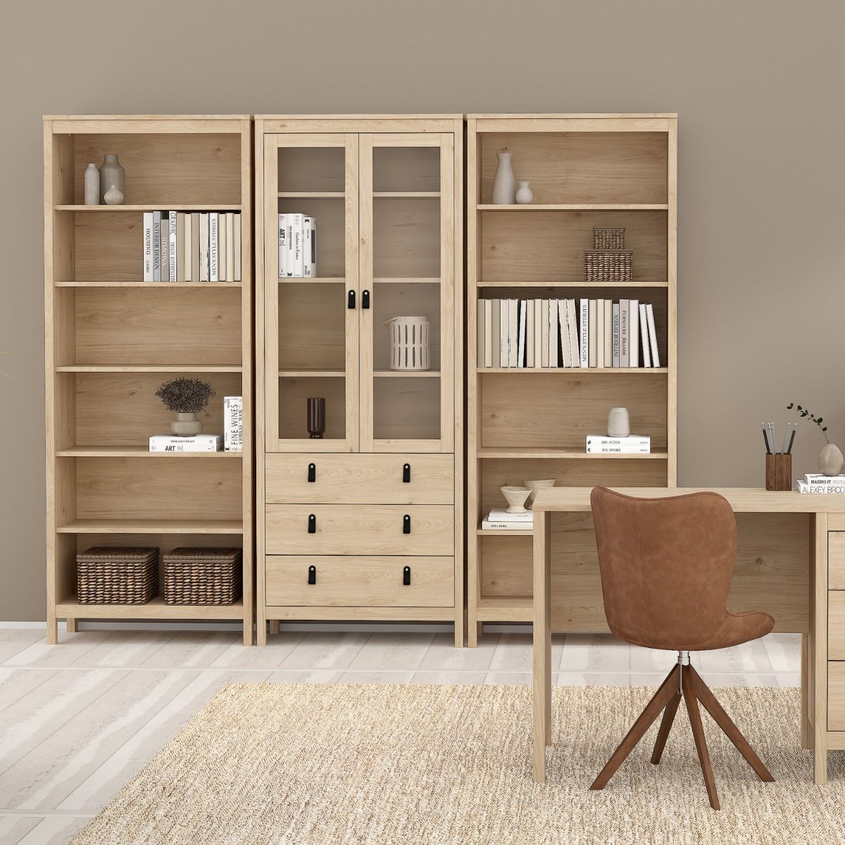 Wooden Display Cabinet With 2 Glass Doors And 3 Drawers - Barcelona