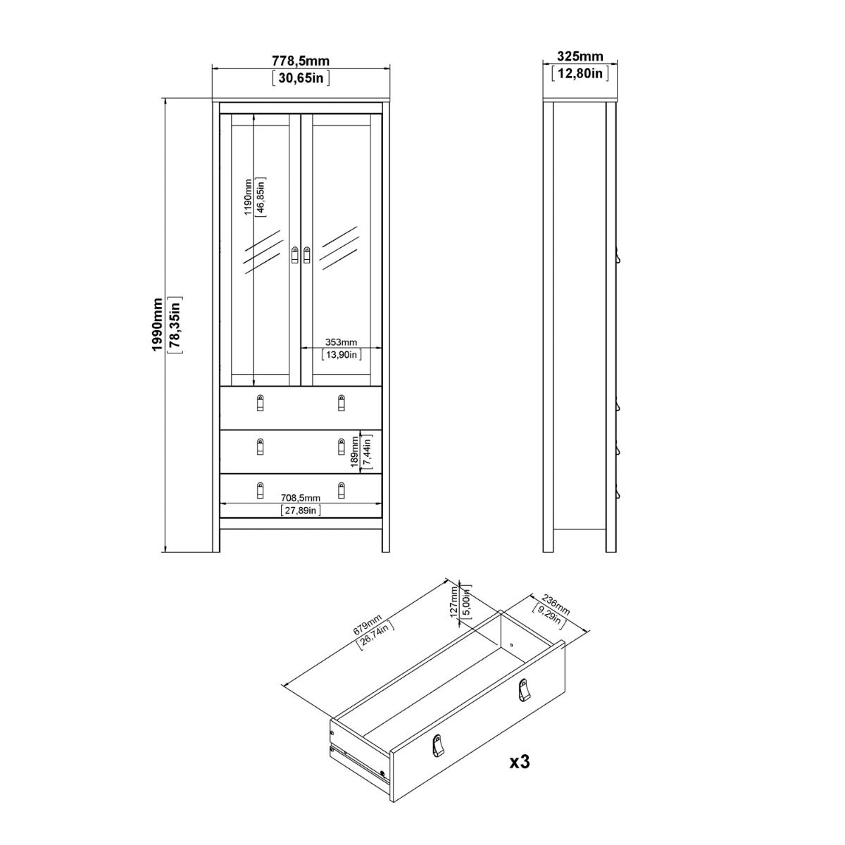 Wooden Display Cabinet With 2 Glass Doors And 3 Drawers - Barcelona