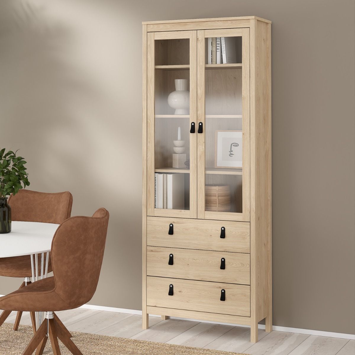 Wooden Display Cabinet With 2 Glass Doors And 3 Drawers - Barcelona