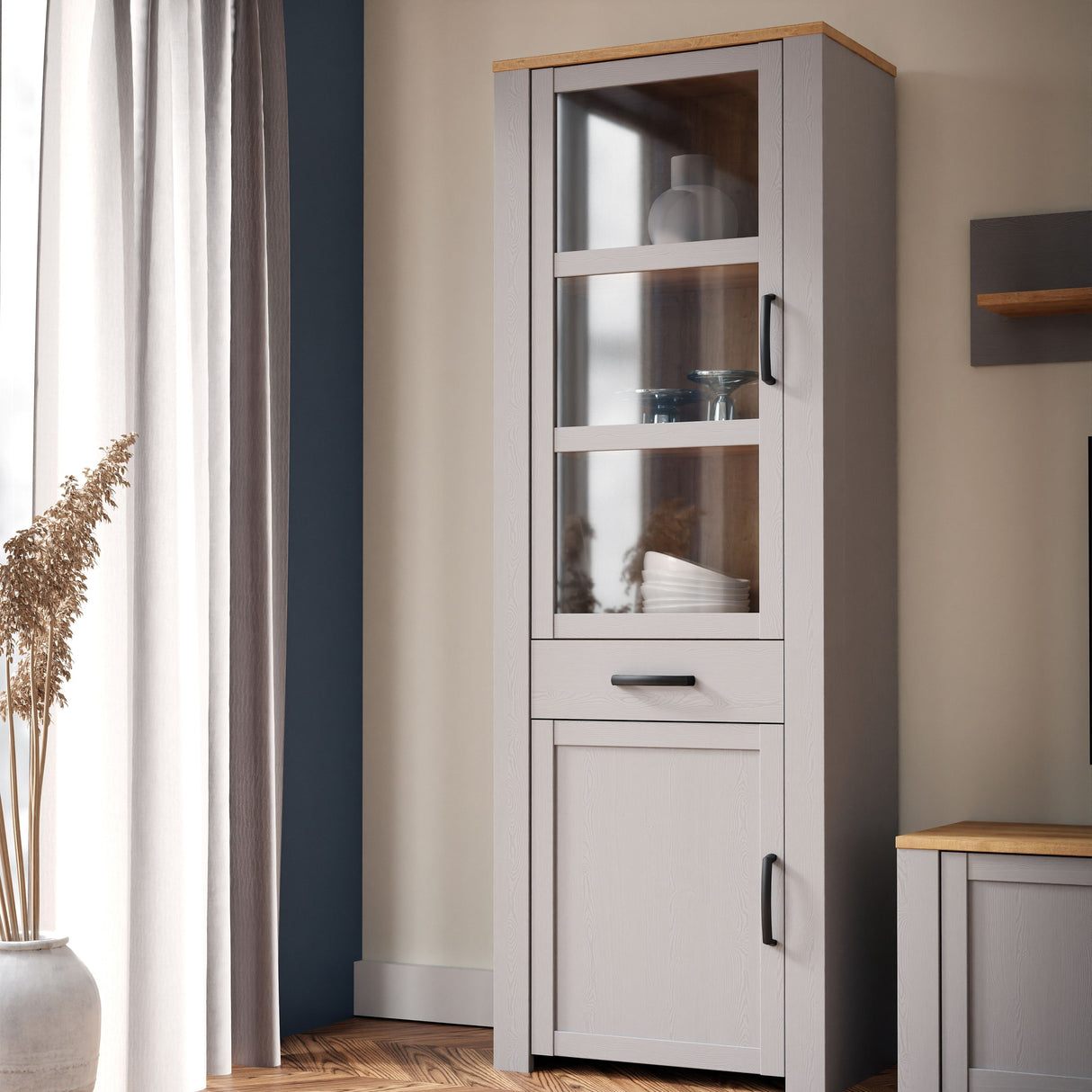 Wooden Display Cabinet Narrow With 2 Doors And 1 Drawer - Bohol