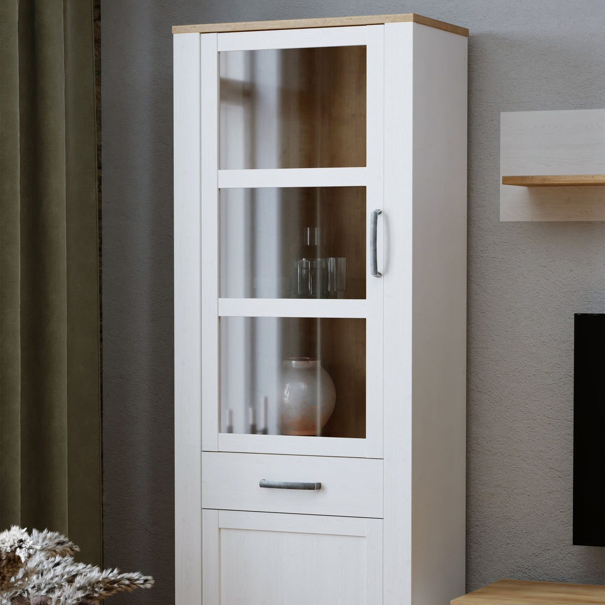 Wooden Display Cabinet Narrow With 2 Doors And 1 Drawer - Bohol