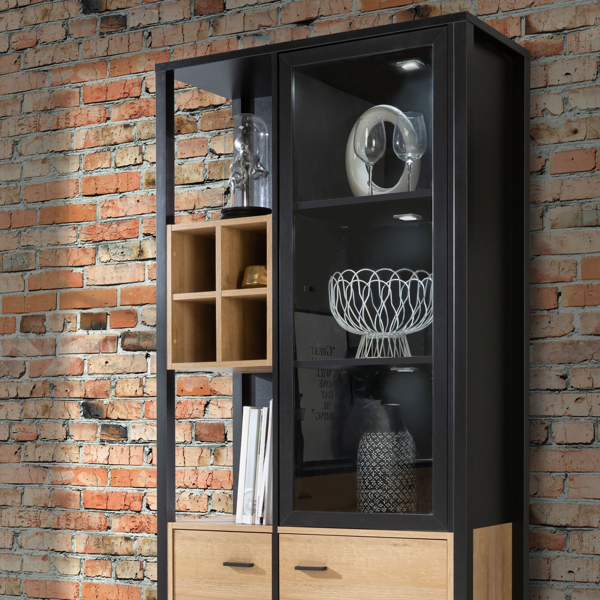 Wooden Display Cabinet Tall With 3 Doors And Wine Rack - High Rock