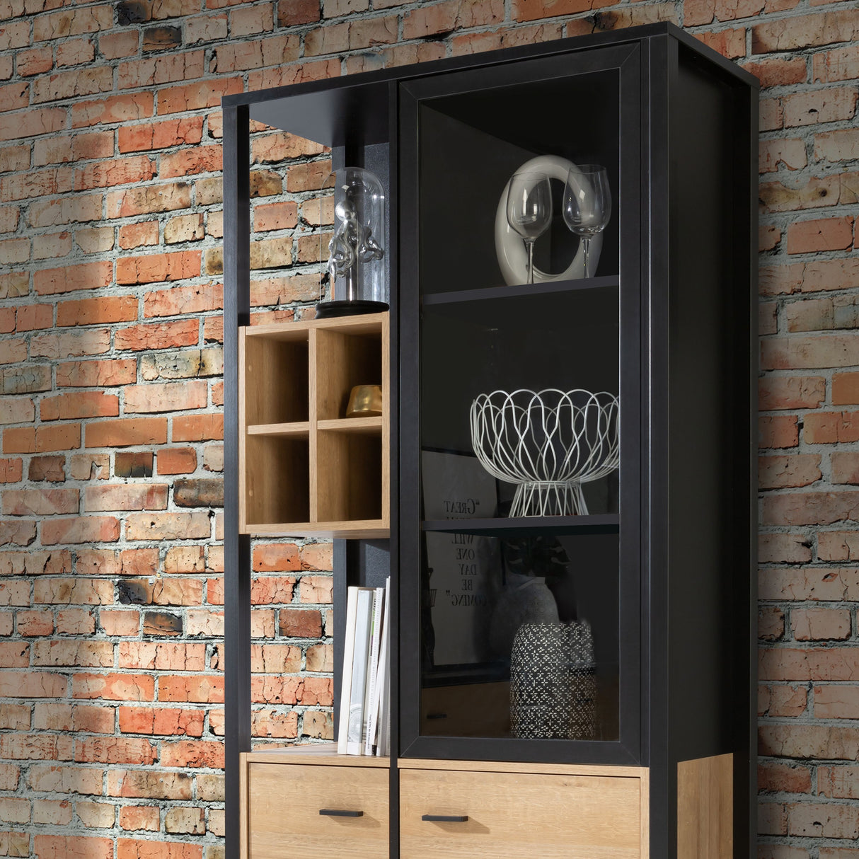 Wooden Display Cabinet Tall With 3 Doors And Wine Rack - High Rock