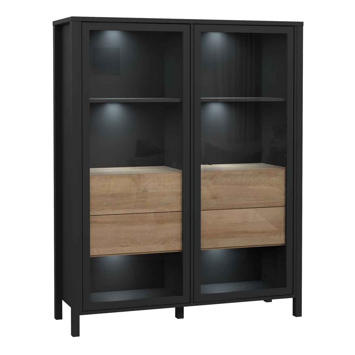 Wooden Display Cabinet Wide With 2 Glass Doors - High Rock