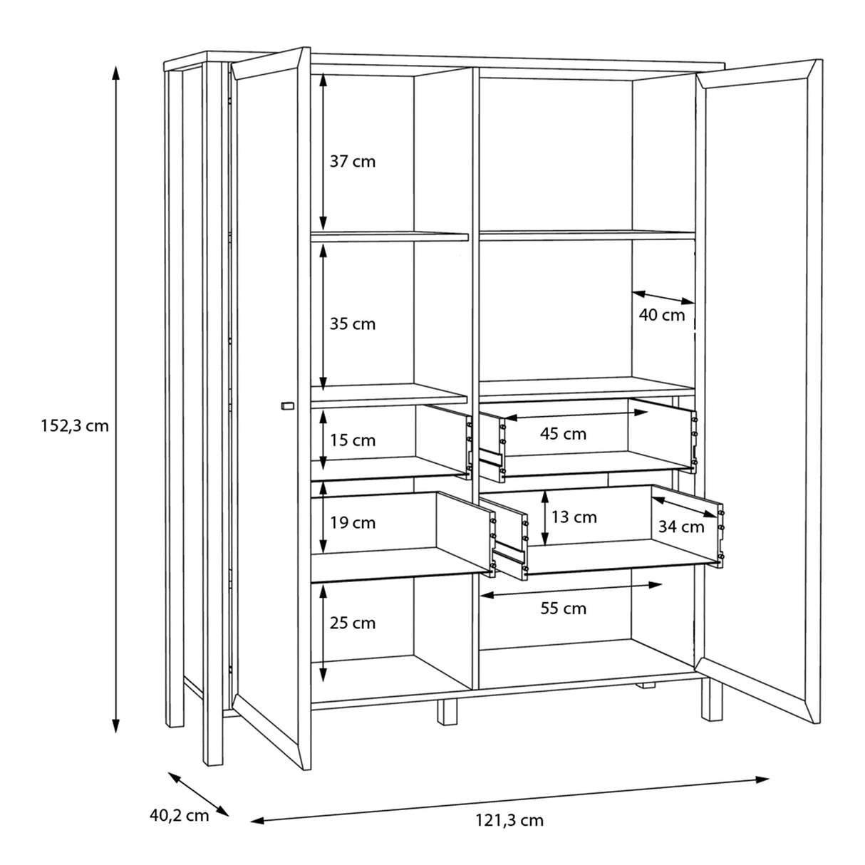 Wooden Display Cabinet Wide With 2 Glass Doors - High Rock