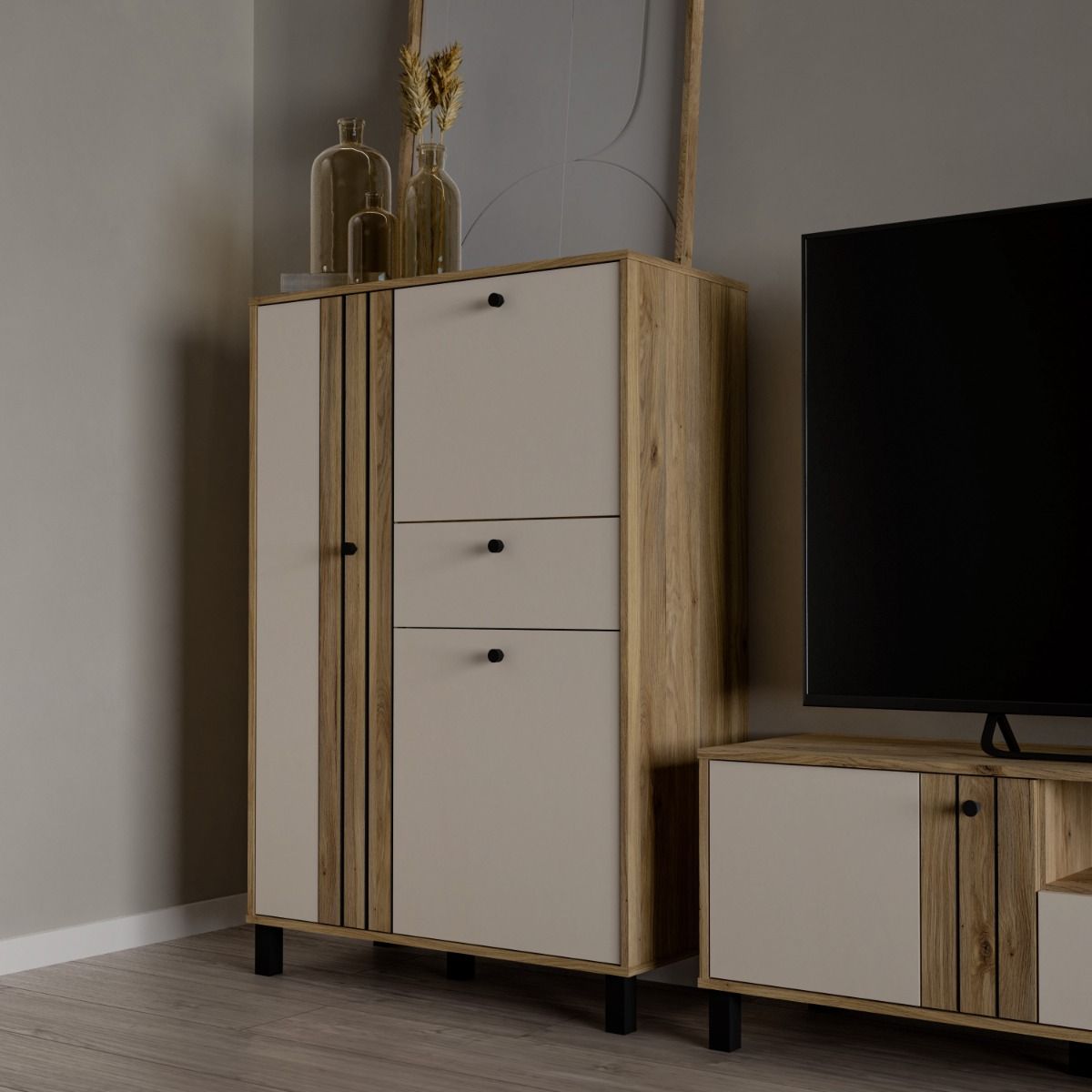 Wooden Highboard With 3 Doors And 1 Drawer - Grafton