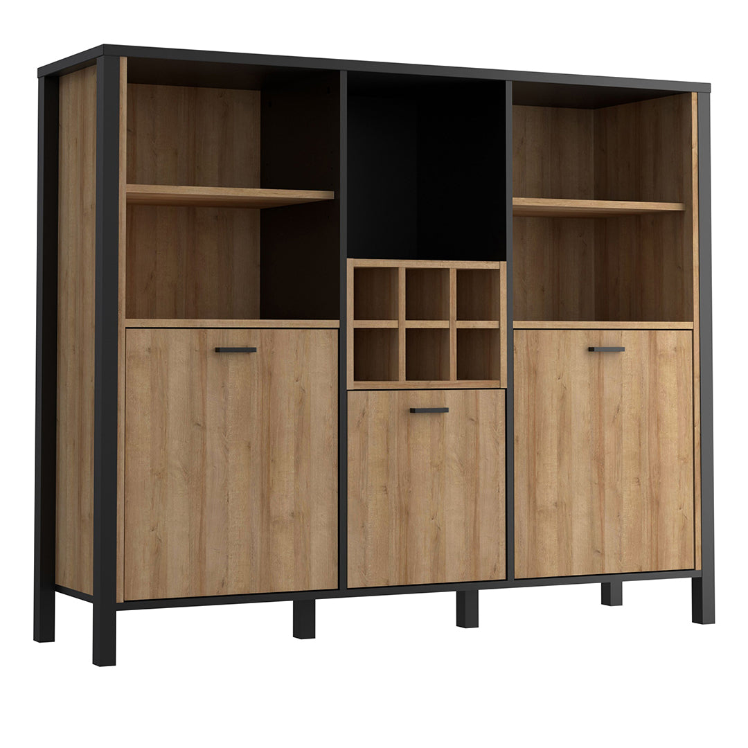 Wooden Shelving Unit Wide With 3 Doors And Wine Rack - High Rock