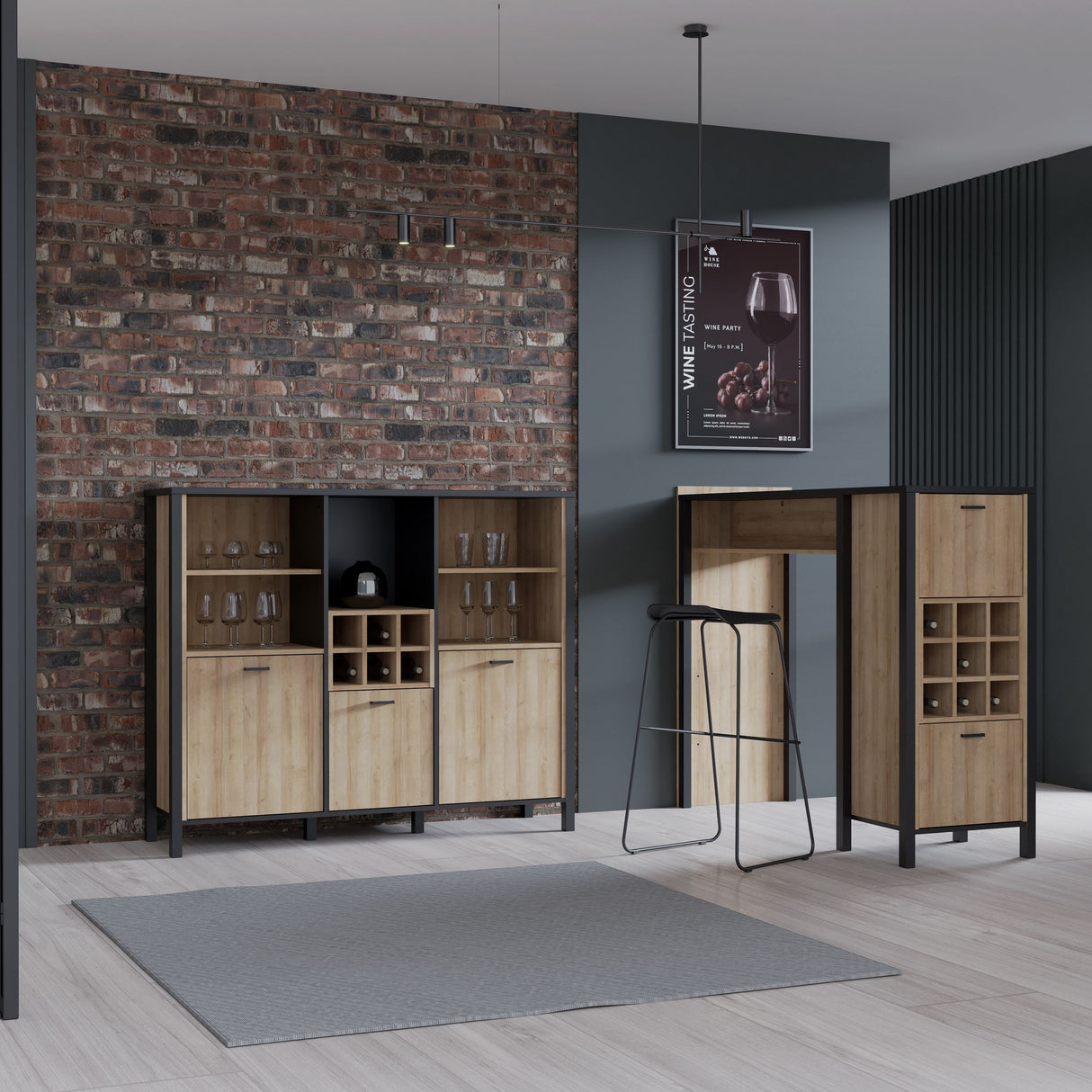 Wooden Shelving Unit Wide With 3 Doors And Wine Rack - High Rock