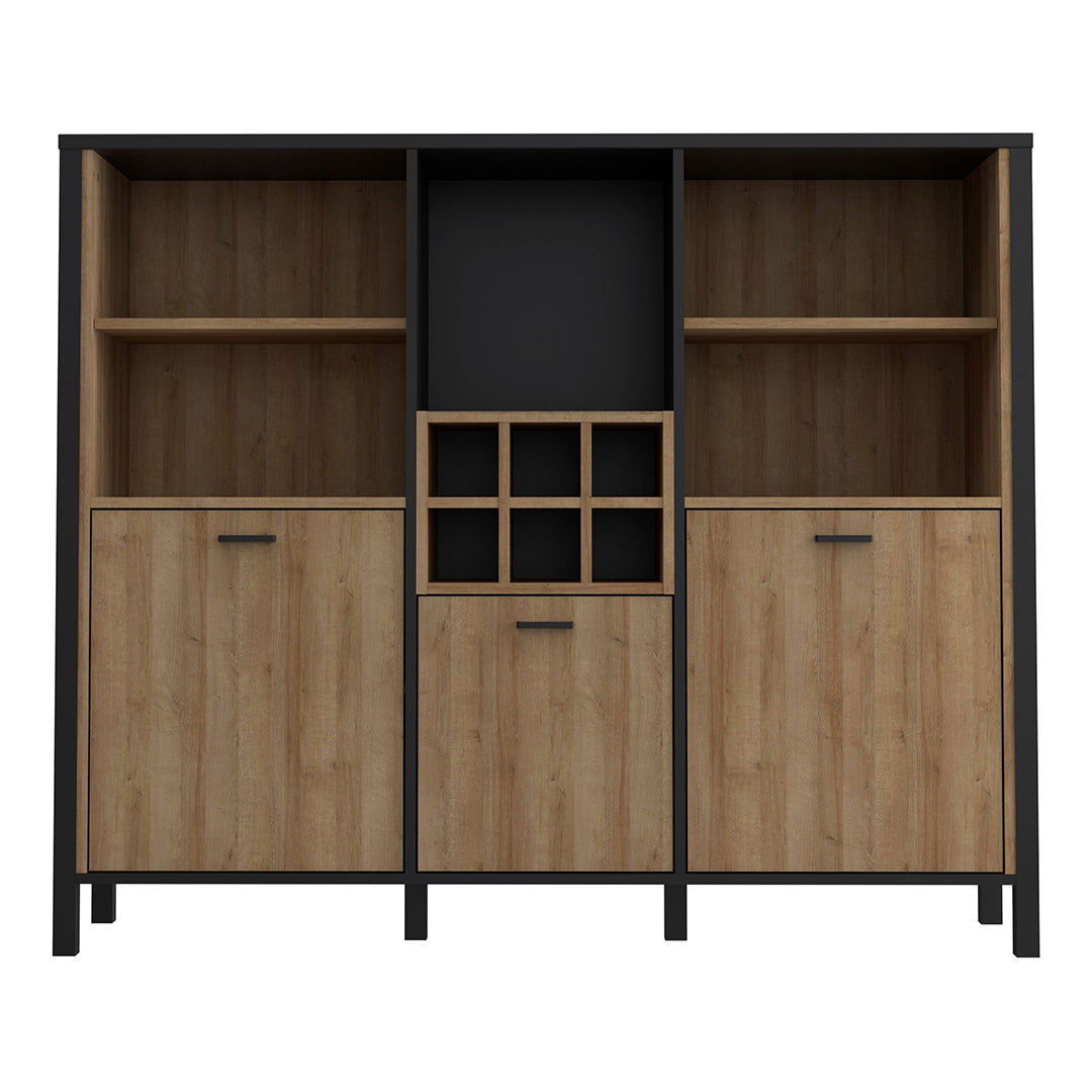 Wooden Shelving Unit Wide With 3 Doors And Wine Rack - High Rock