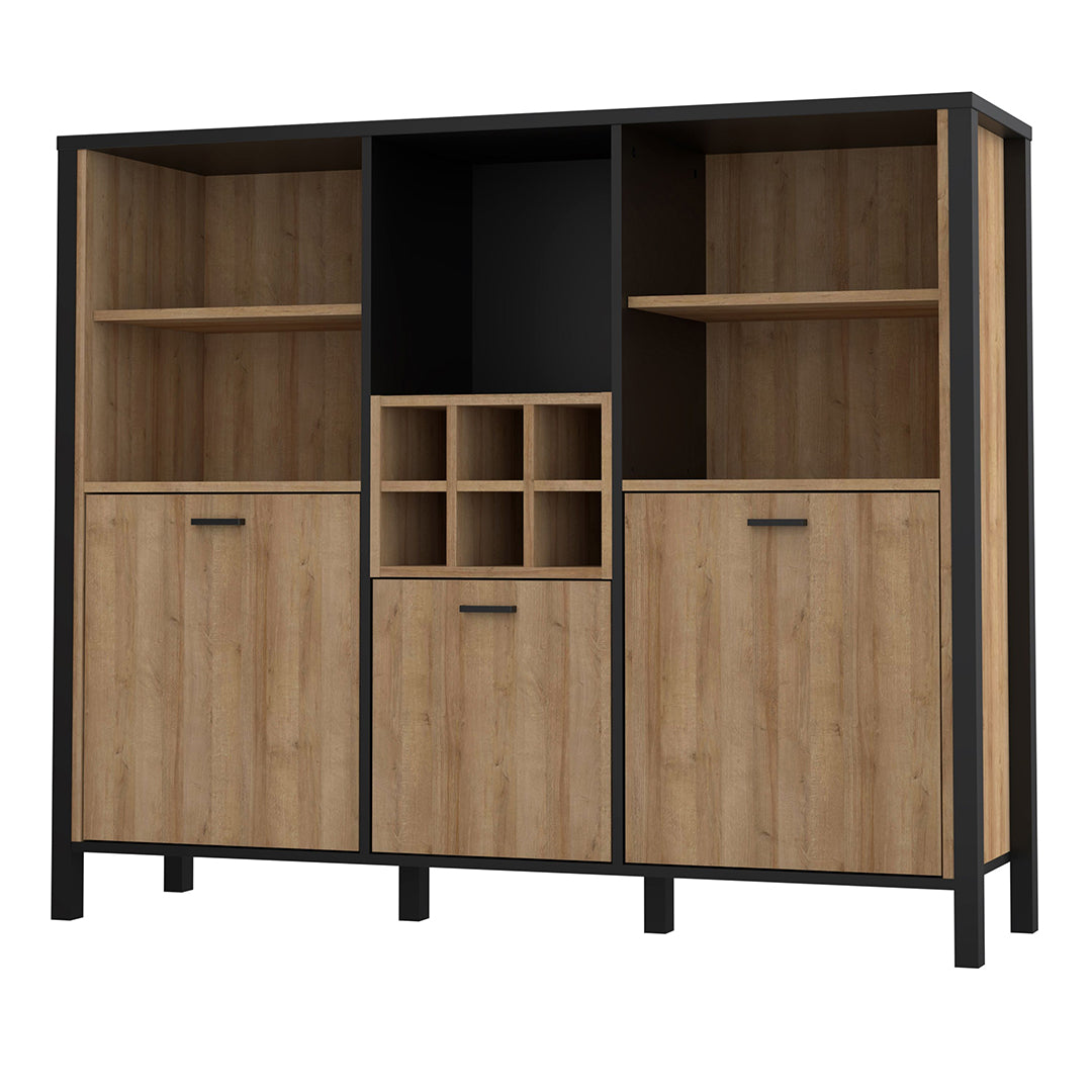 Wooden Shelving Unit Wide With 3 Doors And Wine Rack - High Rock