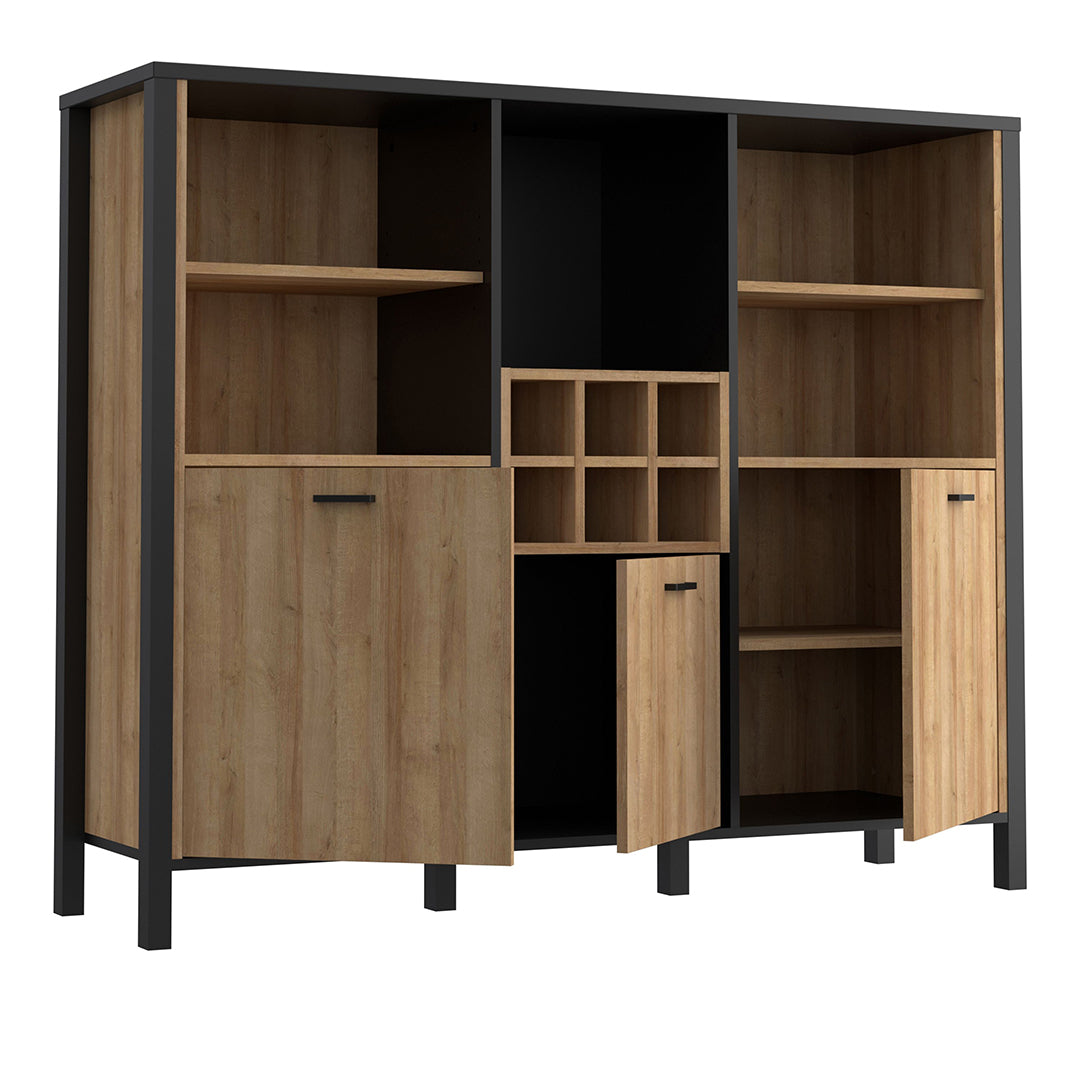 Wooden Shelving Unit Wide With 3 Doors And Wine Rack - High Rock
