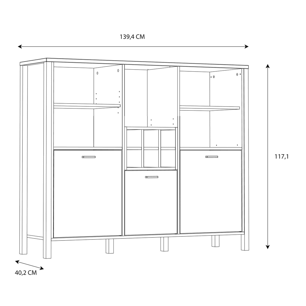Wooden Shelving Unit Wide With 3 Doors And Wine Rack - High Rock