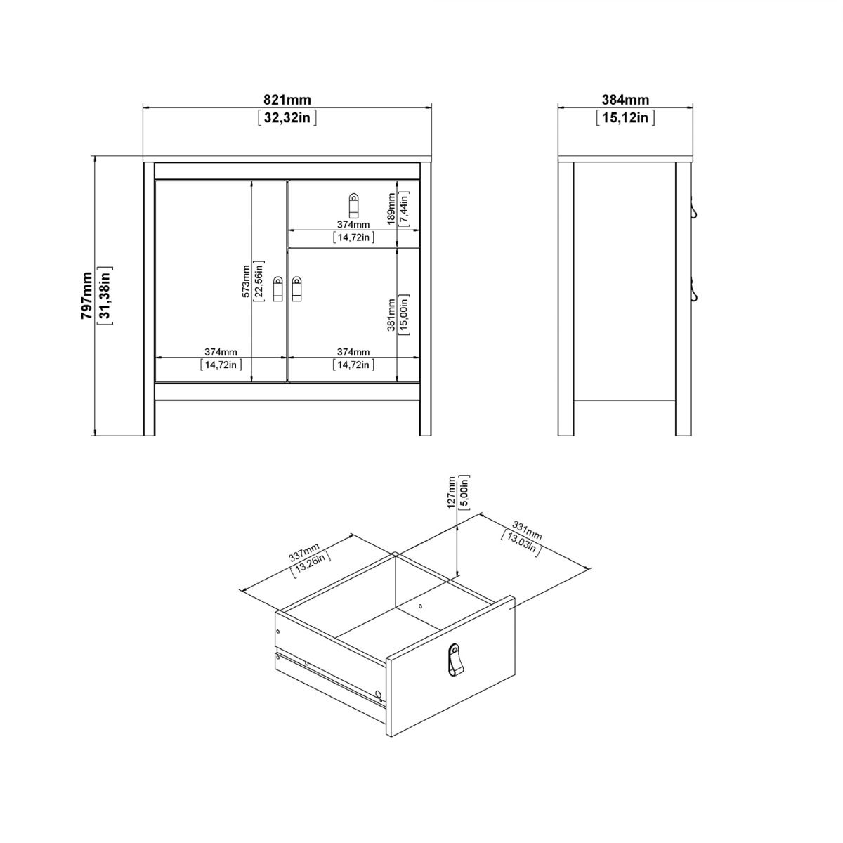 Wooden Sideboard With 2 Doors And 1 Drawer - Barcelona