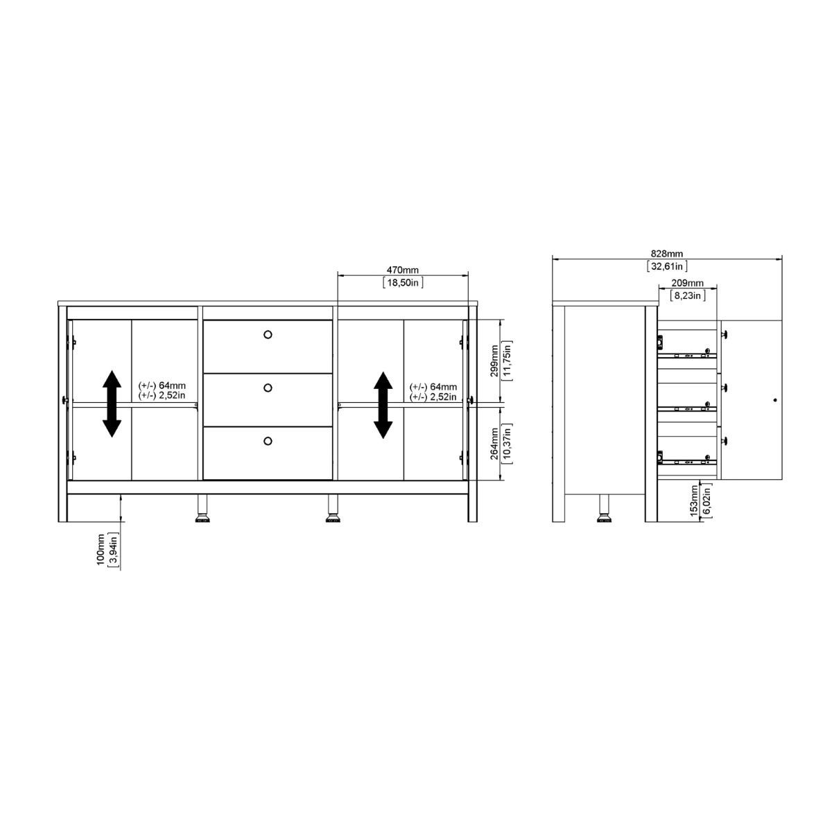 Wooden Sideboard With 2 Doors And 3 Drawers - Barcelona