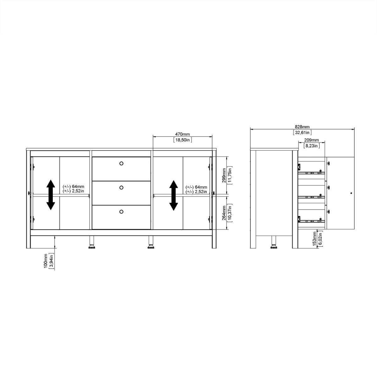 Wooden Sideboard With 2 Doors And 3 Drawers - Barcelona