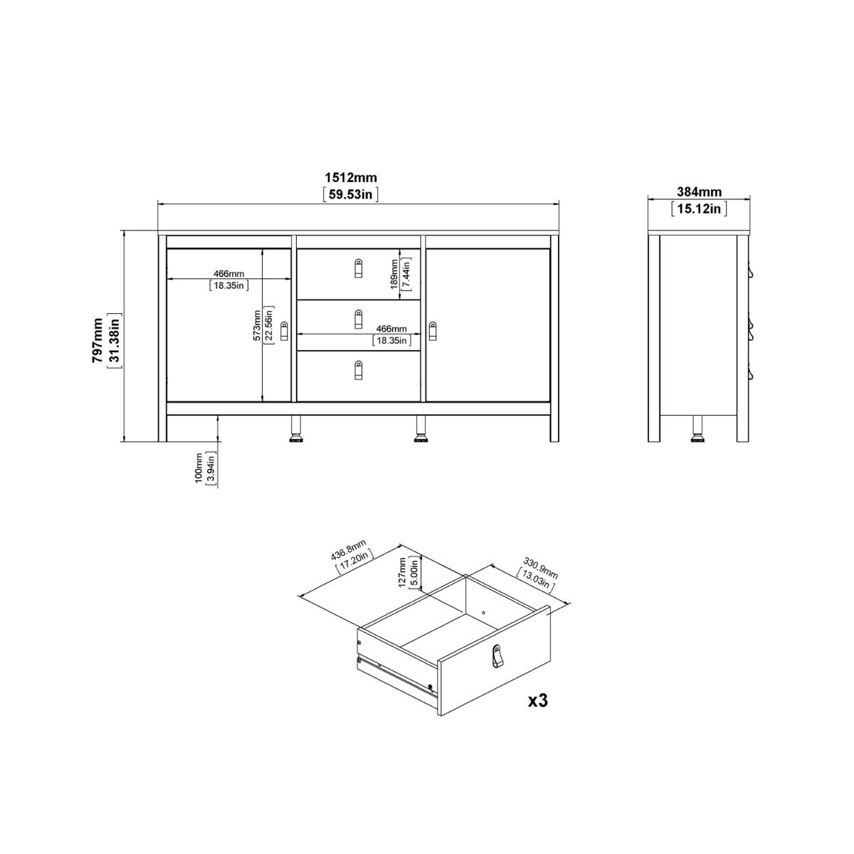 Wooden Sideboard With 2 Doors And 3 Drawers - Barcelona