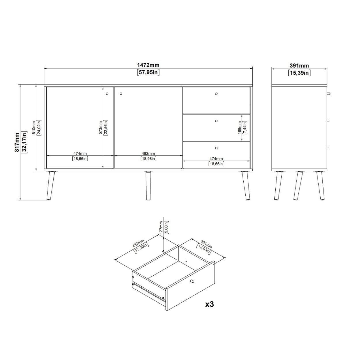 Wooden Sideboard With 2 Doors And 3 Drawers - Cumbria