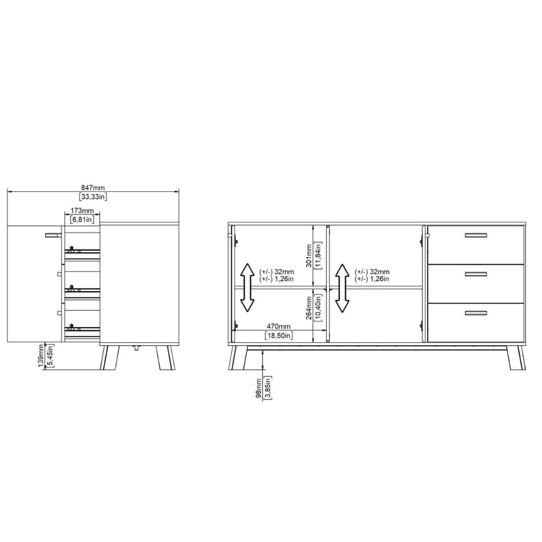 Wooden Sideboard With 2 Doors And 3 Drawers In White Fronts - Ikast
