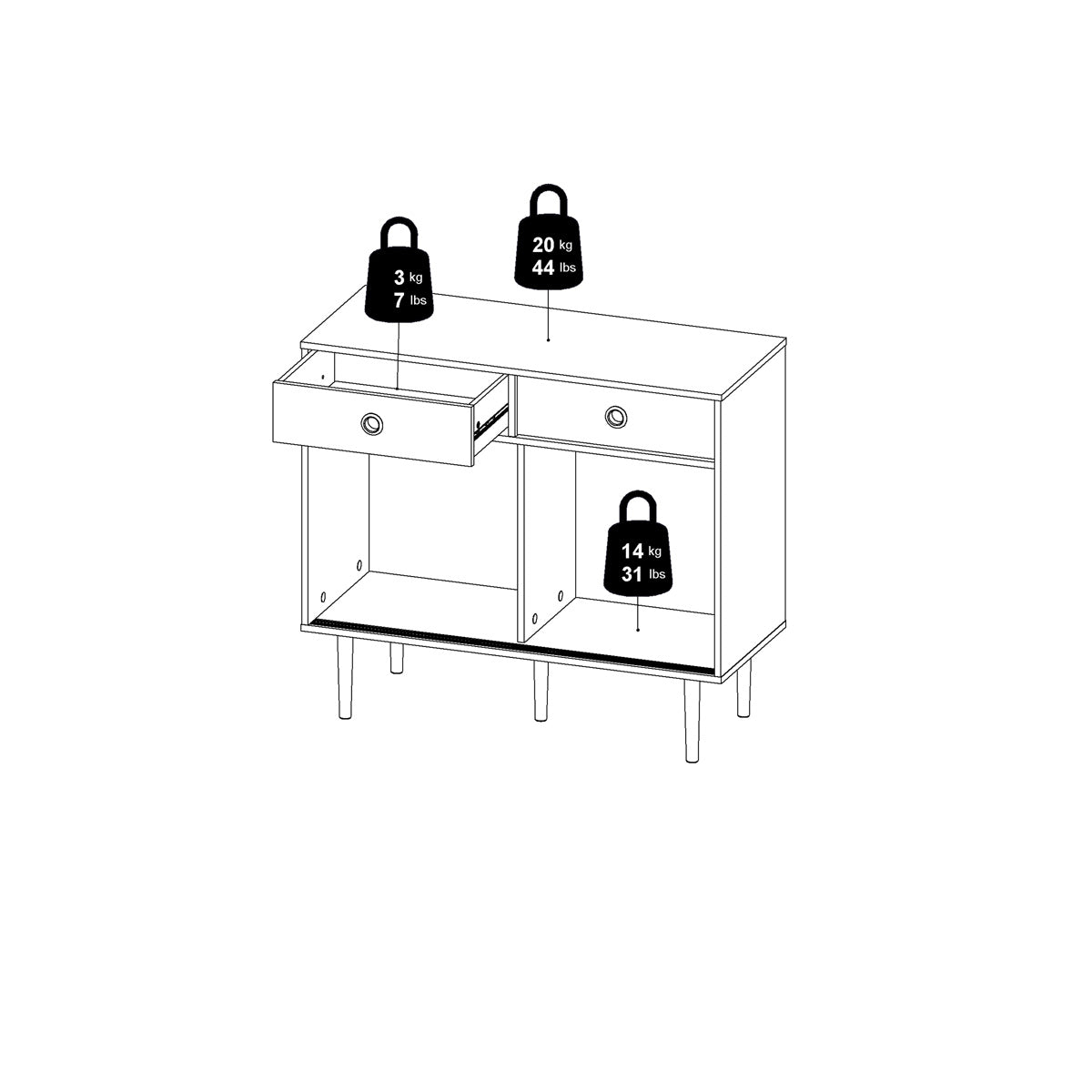 Wooden Sideboard With 2 Sliding Doors And 2 Drawers in Jackson Hickory Oak - Rome